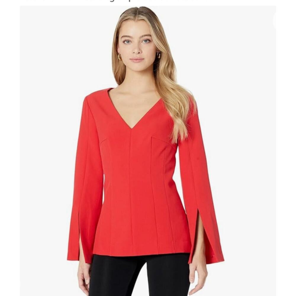Trina Turk Legondary Suiting Top V Neck Split Sleeve Mars Red 6 NEW Old Money